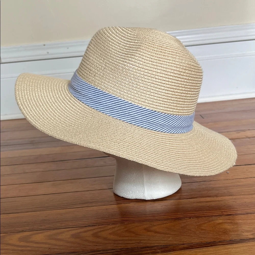 Banana Republic Classic Preppy Straw Vacation Sun Hat | Striped Seersucker Band - Picture 3 of 8